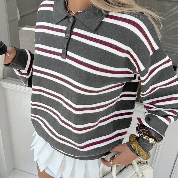 Dark Grey Women's Striped collar knit Sweater top - Picture 1 of 6